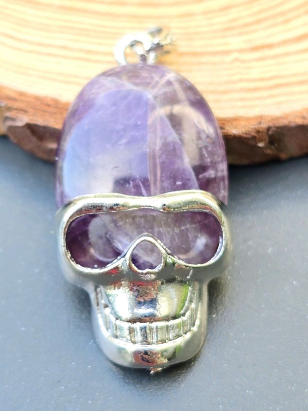 Hand Crafted ✦ Amethyst Stainless Steel Skull Pendant ✦ Gothic Purple Gemstone - Picture 5 of 6